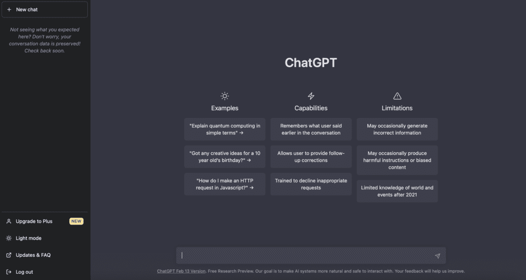 ChatGPT webpage: Main Landing Page