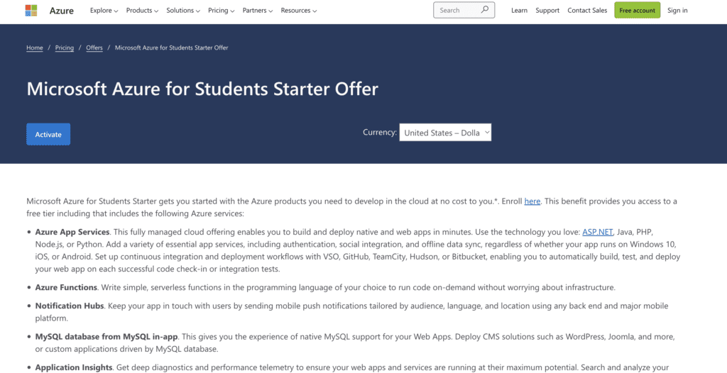 Microsoft Azure for Students Starter Offer