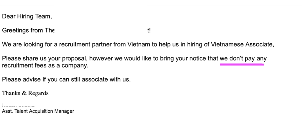 Screengrab of the email to 9cv9 team asking about recruitment services