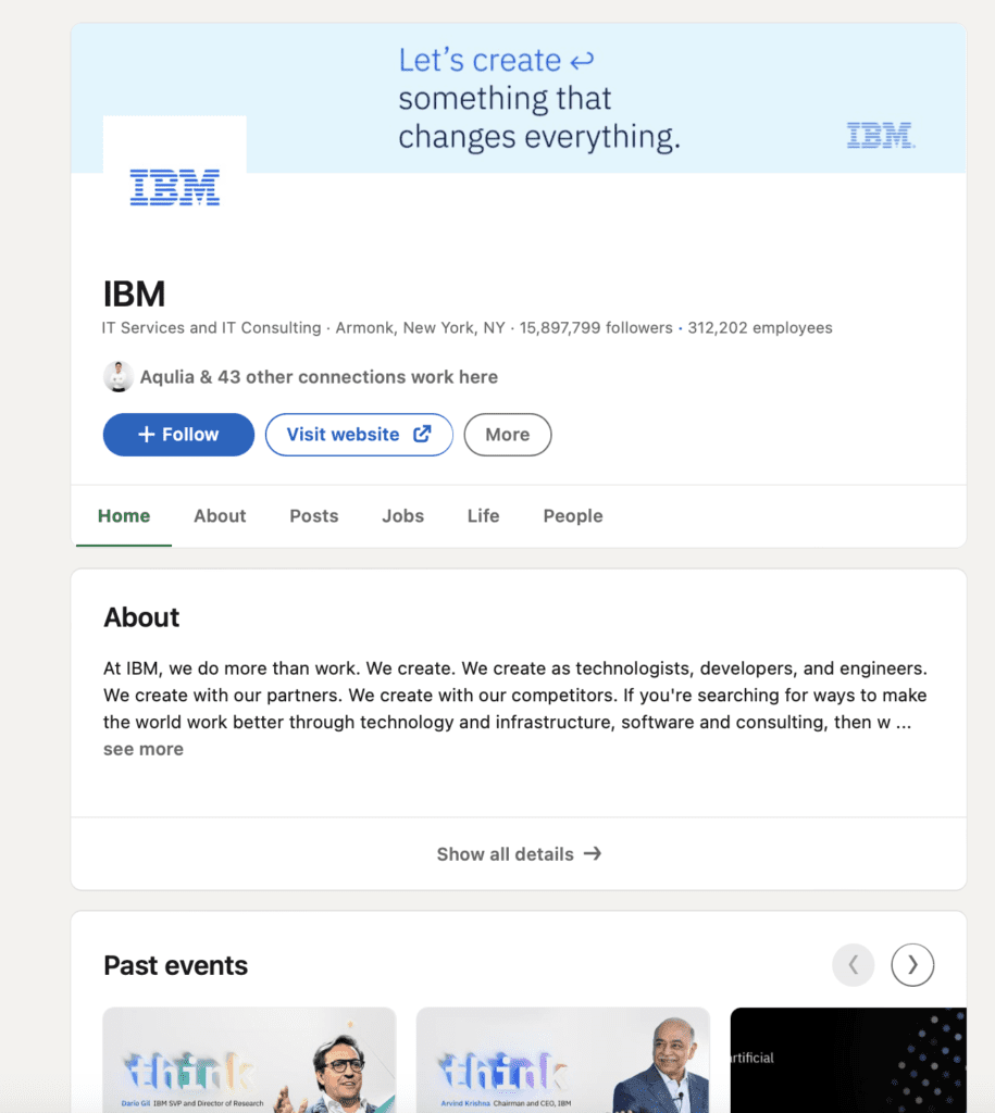 IBM's Company Page, where their simple and minimalist banner reflects their innovative and direct mindset