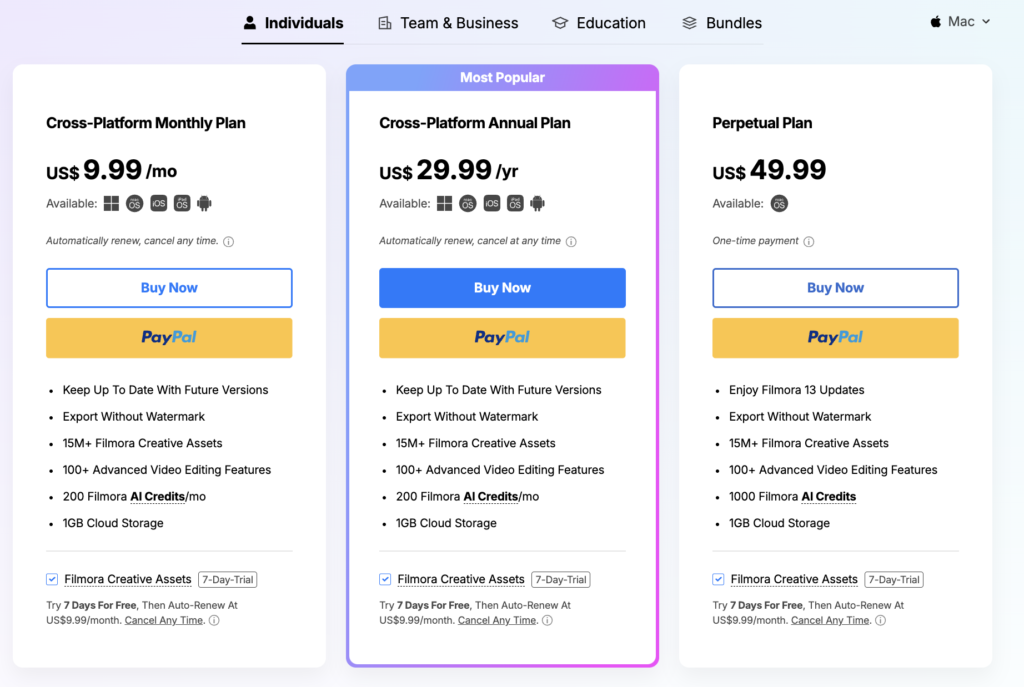 Wondershare Filmora Pricing