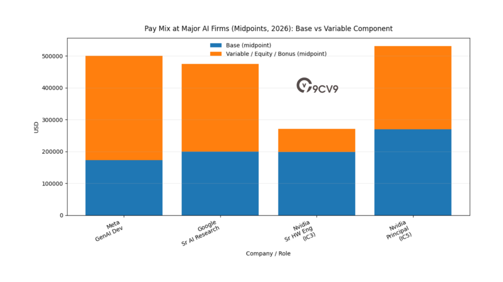 Pay Mix At Major AI Firms (Midpoints, 2026): Base Vs Variable Component