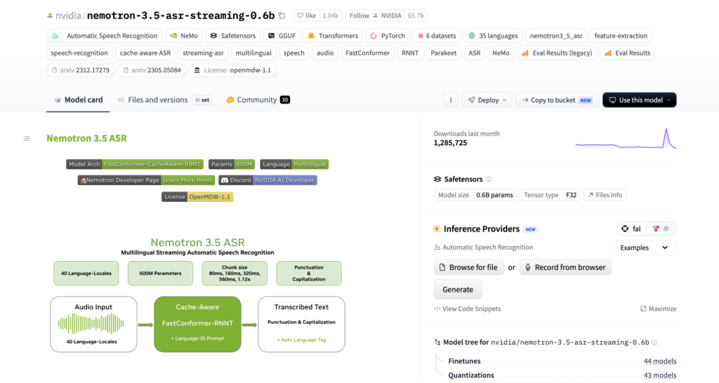 NVIDIA Nemotron 3.5 ASR Streaming Multilingual 0.6B: What It Is & How It Works. Source: Hugging Face