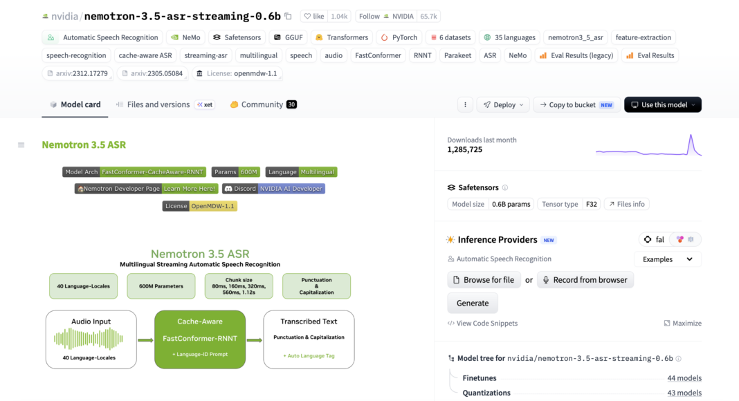NVIDIA Nemotron 3.5 ASR Streaming Multilingual 0.6B: What It Is & How It Works. Source: Hugging Face